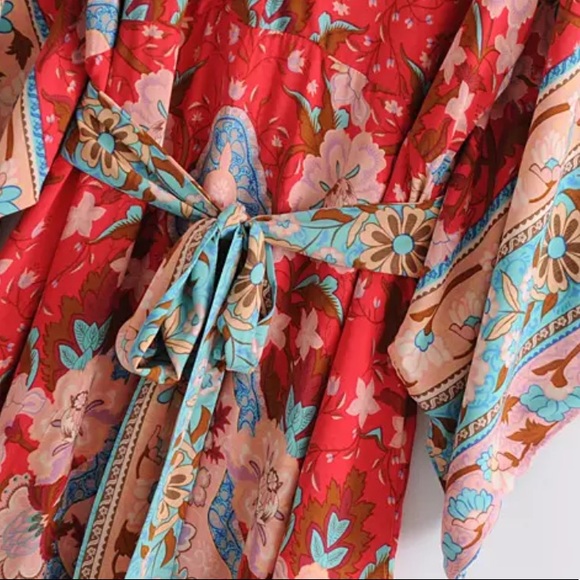 Boho Floral Gypsy Print Maxi Kimono Dress Red - Picture 10 of 11